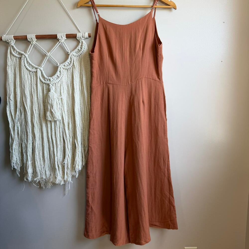 Boutique Orange Jumpsuit Wide Leg Spaghetti Strap Pockets Boho Chic